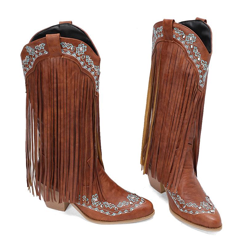 Elegant Embroidery Ethnic Style Fringed Boots Pointed Rhinestone Tall Casual Boots Thick High Heel Boots 40-48 Large Size