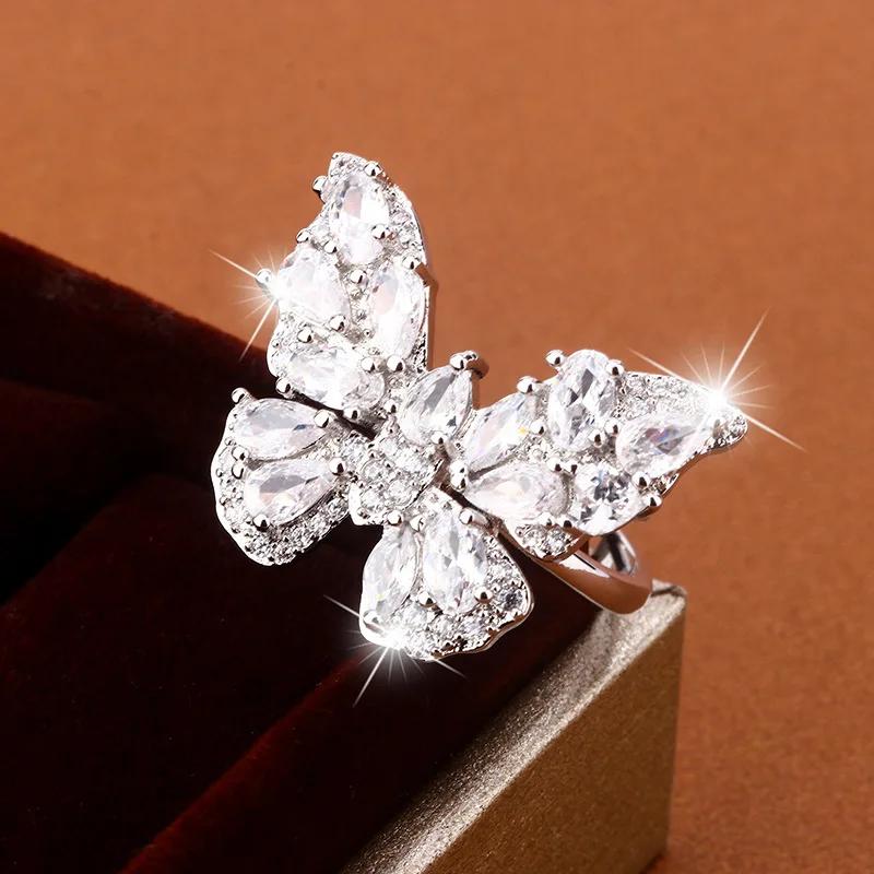 

Trendy Shining Butterfly Opening Ring for Women Crystal Acrylic Inlay with Sterling Silver Fashion Party Hand resizable білий