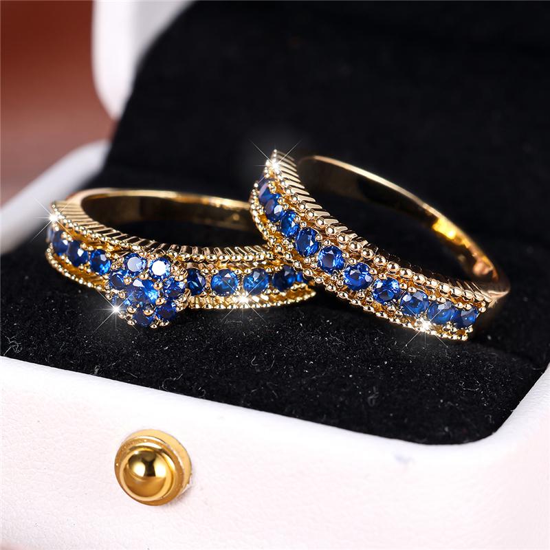 Luxury Female Blue Zircon Stone Engagement Ring Set Cute Yellow Gold Color Wedding  For Women