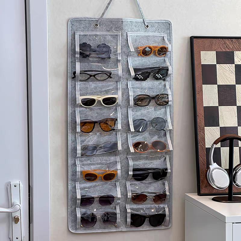 16-Compartment Felt Eyewear Stand, Suitable for Sunglasses, Display Rack, Hanging Pouch, Wall-Mounted Storage Pocket Organizer