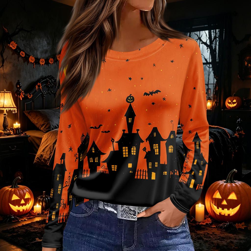 Women's Long Sleeve Round Neck Top with Halloween Print and Side Split Hem