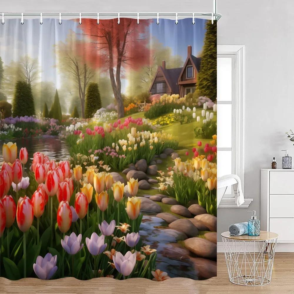 Colorful Flowers Green Plants Shower Curtain Trees Spring Landscape River Tulip Bathroom Curtain Polyester Bathroom Decoration