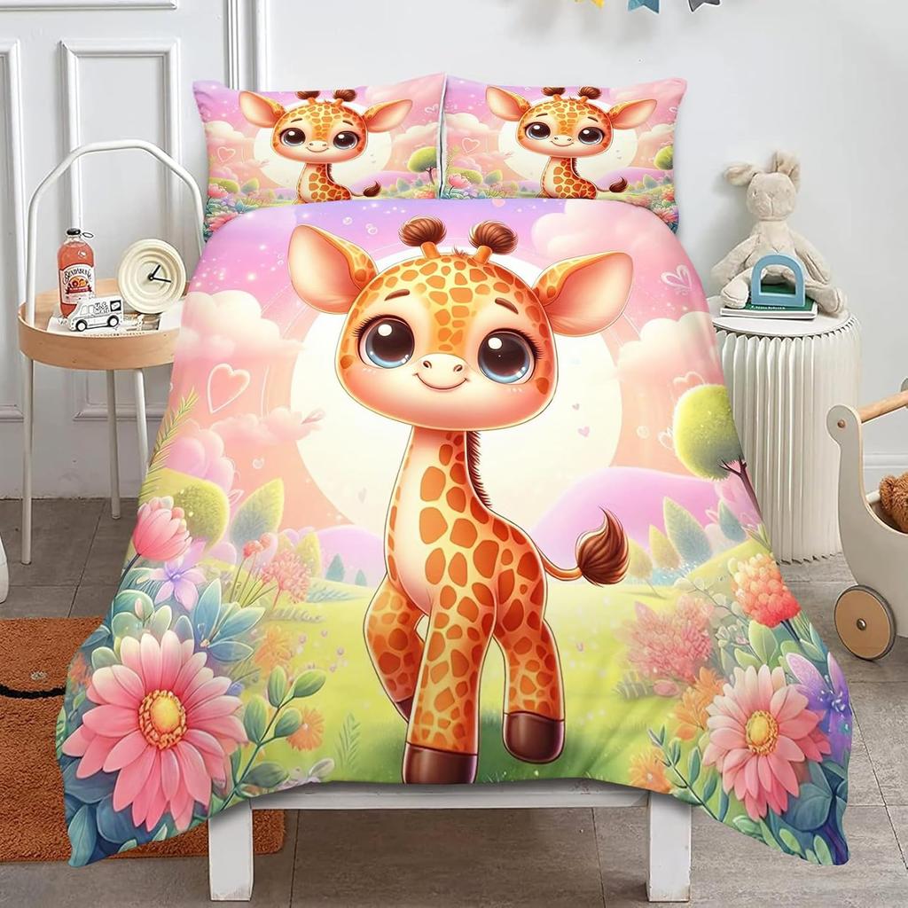 Cute Giraffe Bedding Set Kids Cartoon Animal Comforter Cover Set for Boys Girls Teens, Farm Print Quilt Cover Set Room Decor