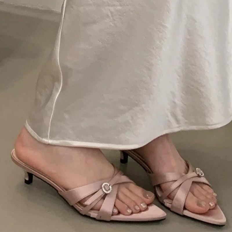 Pointed Toe Women Slippers Elegant Heeled Shoes Summer Dress Fashion Woman Sandals Designer 2025 Trend Brand Cozy Femme Zapatos