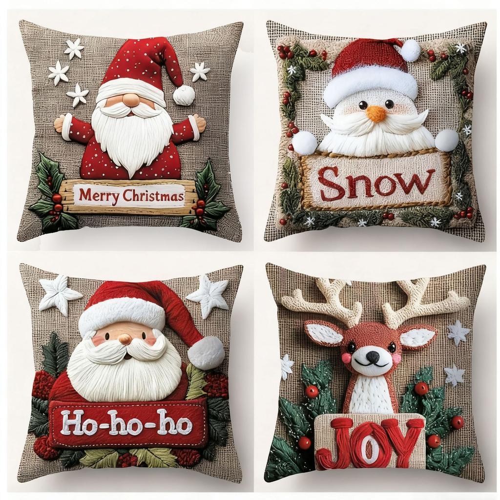 Christmas Pillowcase, Cute Cartoon Imitation Embroidery Linen Print Sofa Pillow Cover, Festival Decoration, Festival Gift (Pillow Insert Not Included)