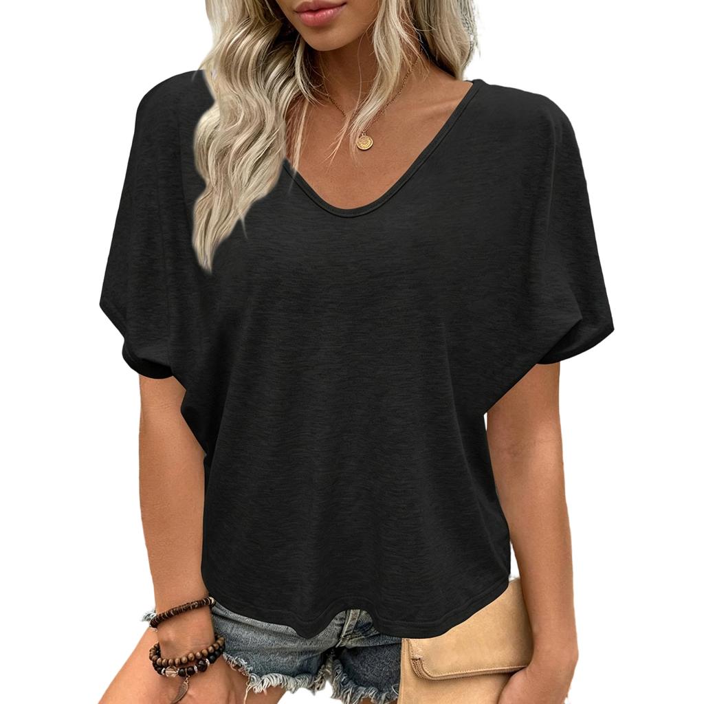 Loose Fit V Neck Short Sleeve T Shirt Casual Lightweight Wrinkled Texture Summer Top for Women Comfortable Everyday Wear
