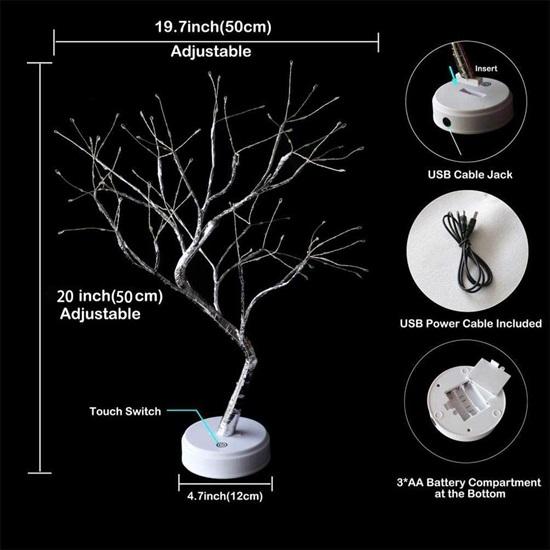 Desk Tree Fairy LED Lights for Home, Bedroom, Indoor, Wedding Party, Decoration Touch Switch Battery Powered or USB Adapter