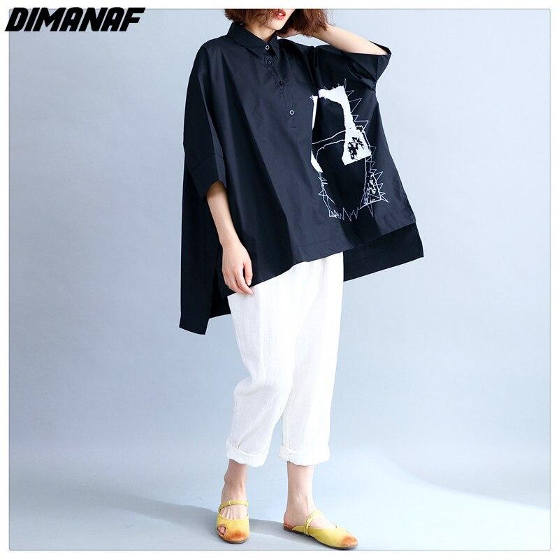 DIMANAF Dameskleding Casual Dames Shirts Blouse Zwart Oversize Print Tops Tuniek Katoenen Losse Knoop T-shirt 2024 Lente Zomer