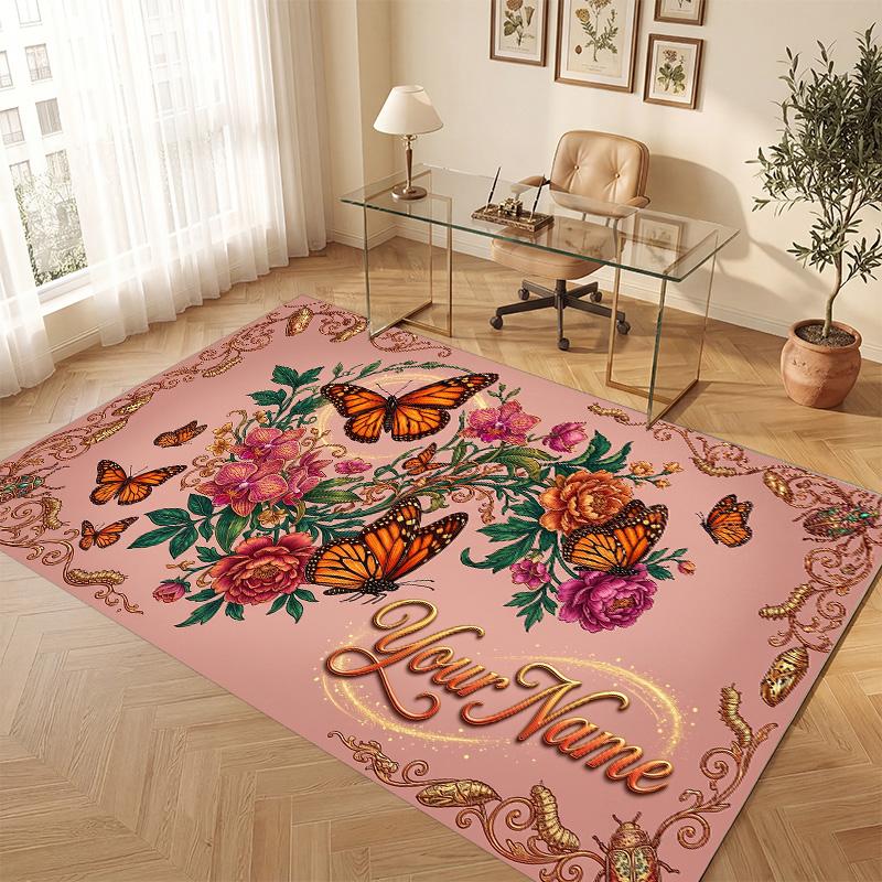Floral Garden Theme Soft Crystal Velvet Rug Custom Name & Text Print Non Slip Floor Rug for Bedroom Living Room