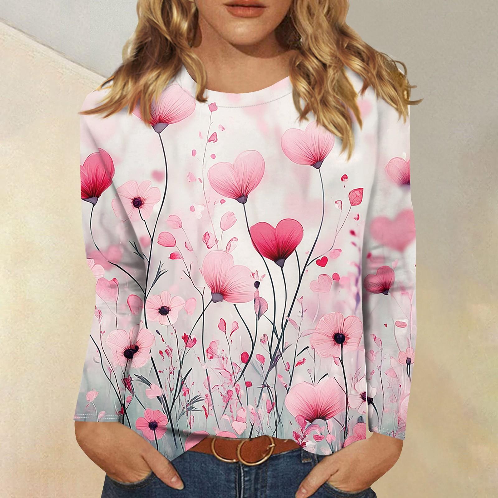 

Рубашки с длинным рукавом для женщин Милые принты Футболки Блузки Повседневные Большие размеры Базовые топы Пуловеры День святого Валентина XXXXL розовый