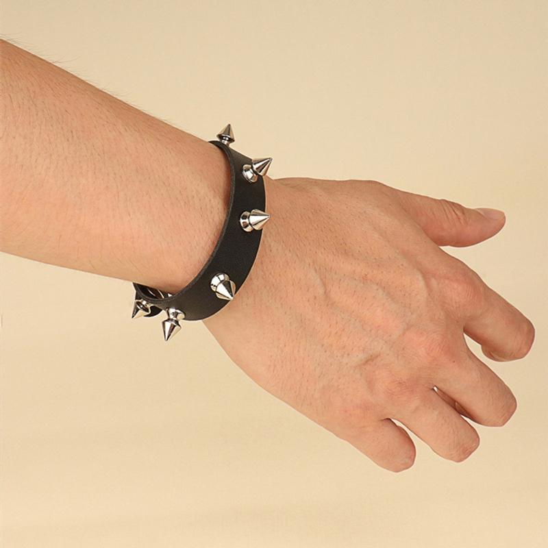 Spiked Studded Bracelet Black Leather Rivets Punk Bracelet Cuff Wrap Bangle Metal Snap Button Wristband for Men Women