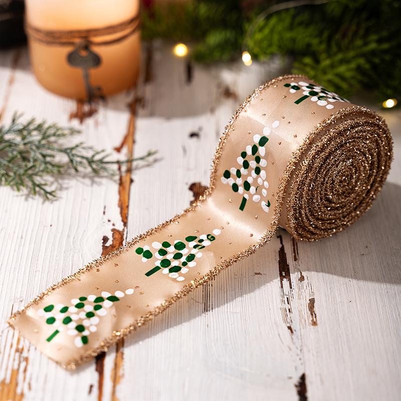 1PC Small Tree Pattern Festive Ribbon Embroidered Christmas Satin Ribbon 5mx5cm