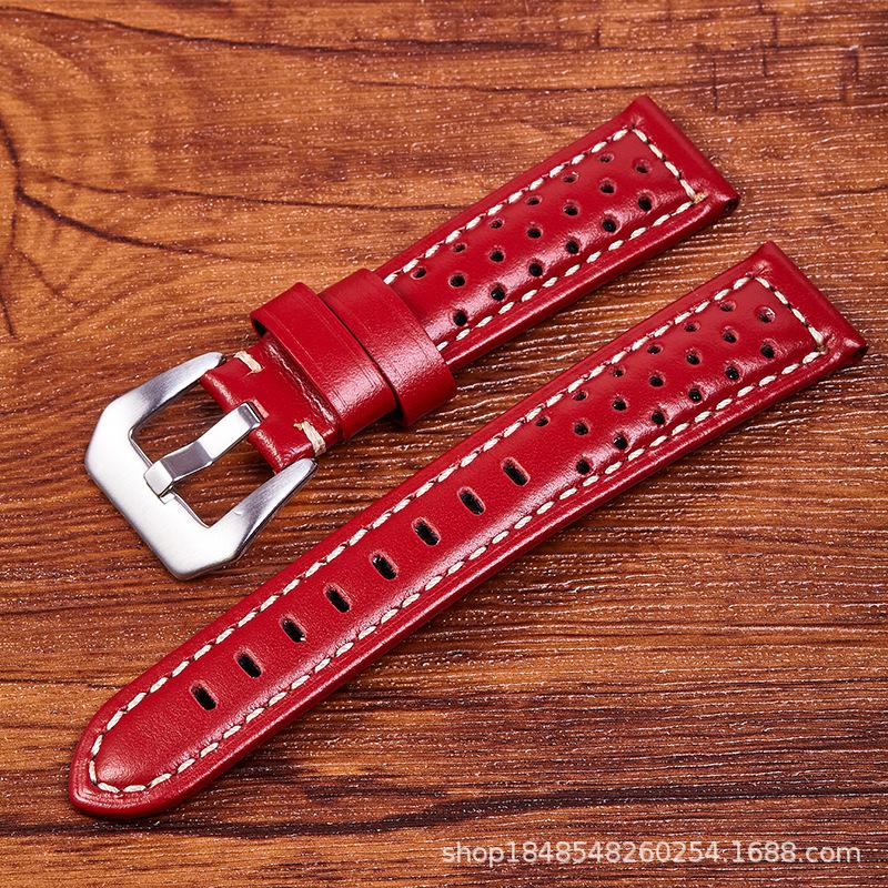 

The First Layer Of Needle Pattern Leather Strap Is Suitable For Pena L Sea 18Mm 26Mm Perforated And Breathable Retro Strap. 18mm wide silver buckle красный