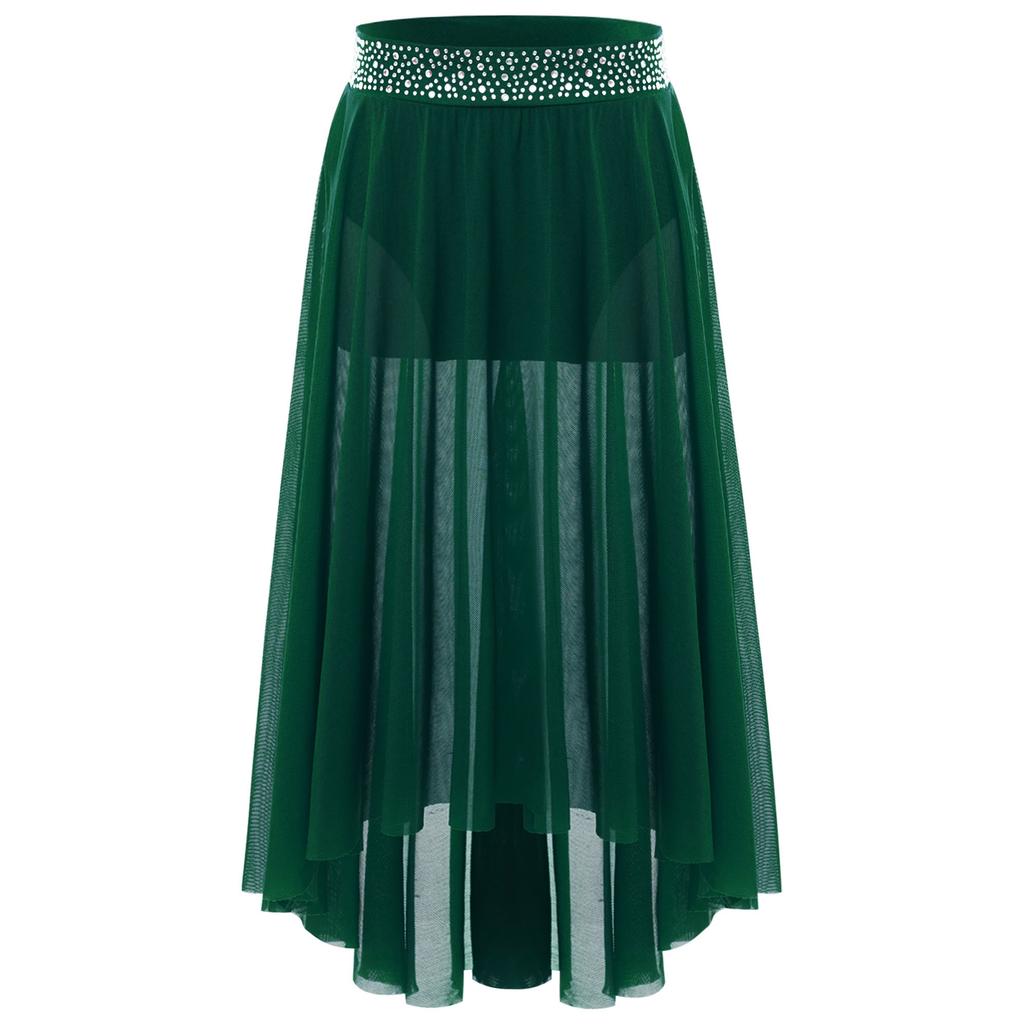 Girls Lyrical Dance Skirt Shiny Rhinestones Waistband Side Slit High Low Irregular Mesh Skirt