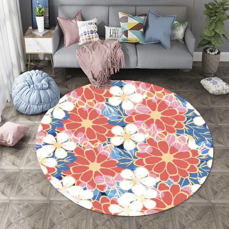 Artistic Modern Colorful Floral Round Rug – Daisy  Rose Nature-Inspired Mat for Living Room, Bedroom  Office