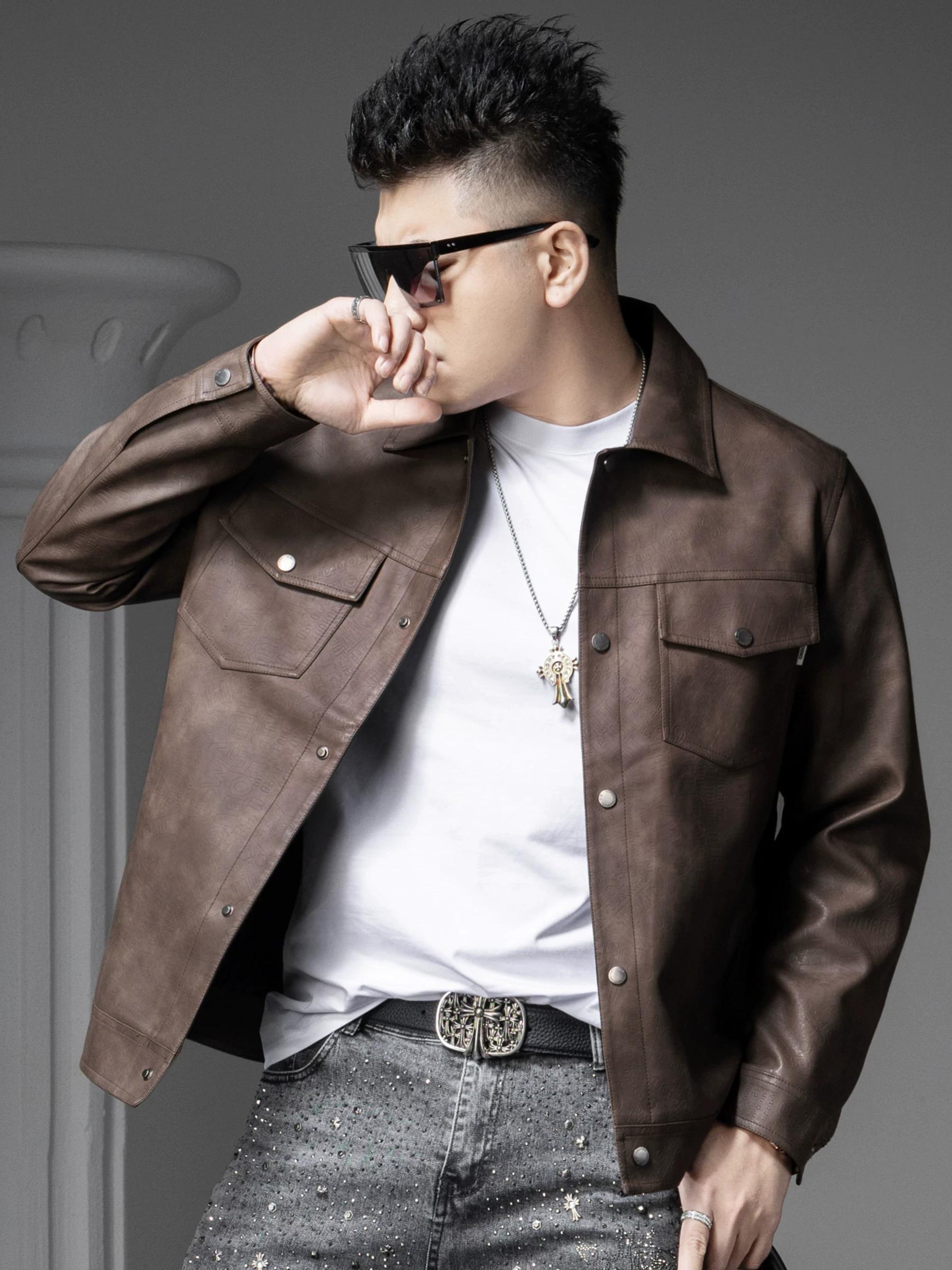 

European Station 2025 Autumn New Style Men s Leather Jacket with Turn-Down Collar, Stylish Biker Jacket, Trendy Casual Leather Coat for Men XL темно-серого