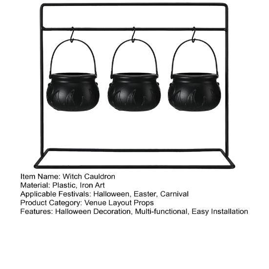 Halloween Witch Cauldron on Rack Trick or Treat Candy Serving Bowl Black Plastic Candy Holder for Halloween Party Decor