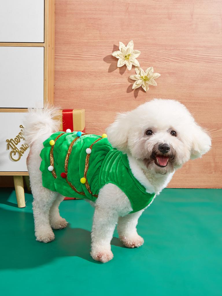 Dog Christmas Tree Cosplay  Dresses  Puppy Dress  with Hairball and Stars Puppy Fuzzy Clothes  Doggie Xmas Party Pet Cat Warm C
