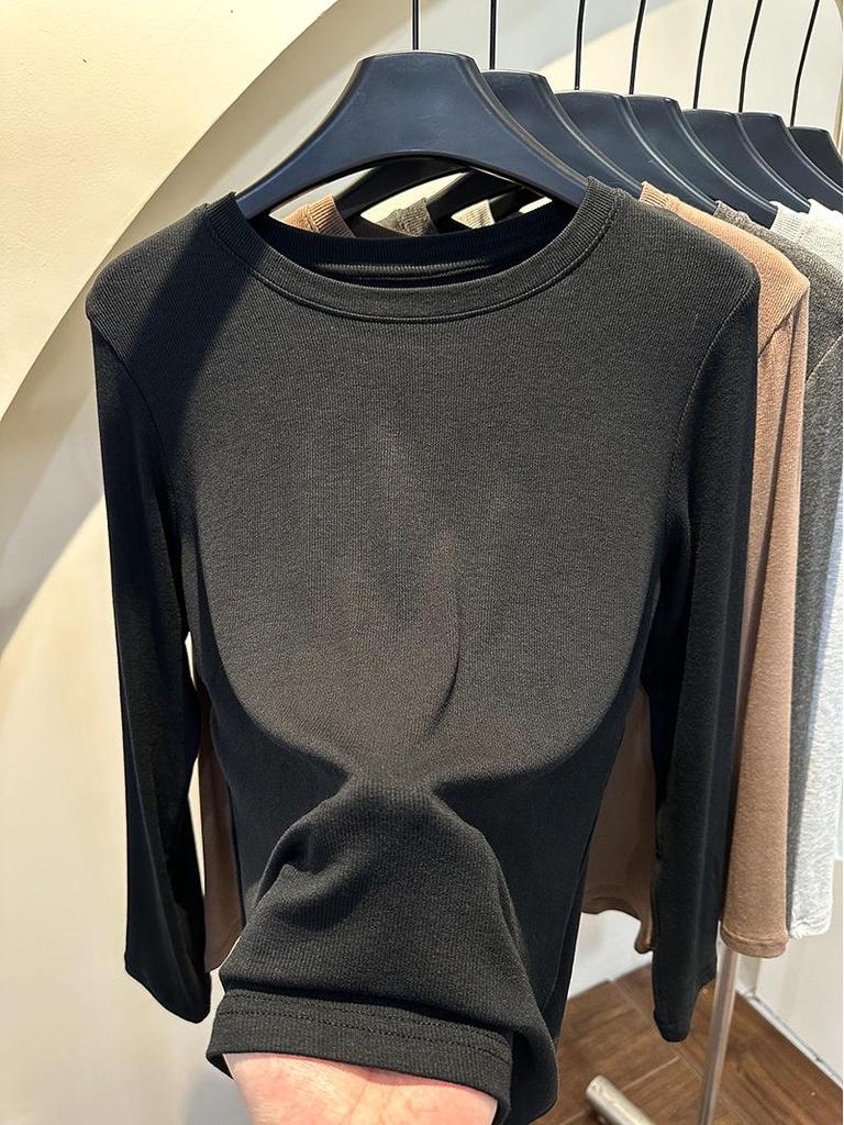 Women's Ribbed Crew Neck Long Sleeve Slimming T-shirt - 2025 Autumn/Winter Collection