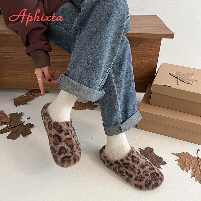 Aphixta Leopard Round Toe Warm Winter Slippers New Fluffy Platform Slippers for Women 2024 Winter Plush Warm Cotton Shoe