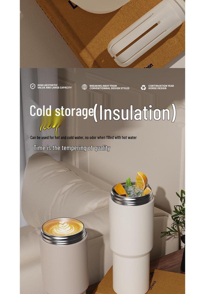 High-Capacity Dual-Use Insulated Cup with Straw, 316 Stainless Steel and Ceramic Liner, Portable Travel Companion