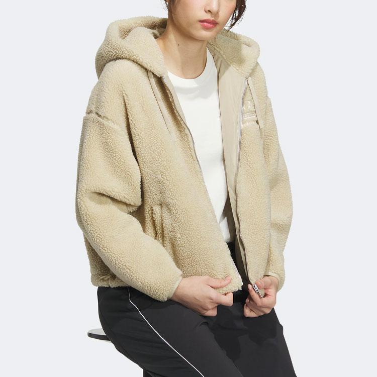 Adidas Solid Color Faux Sherpa Zip Hoodie Jacket Women Outerwear Prairie-Brown IK3477