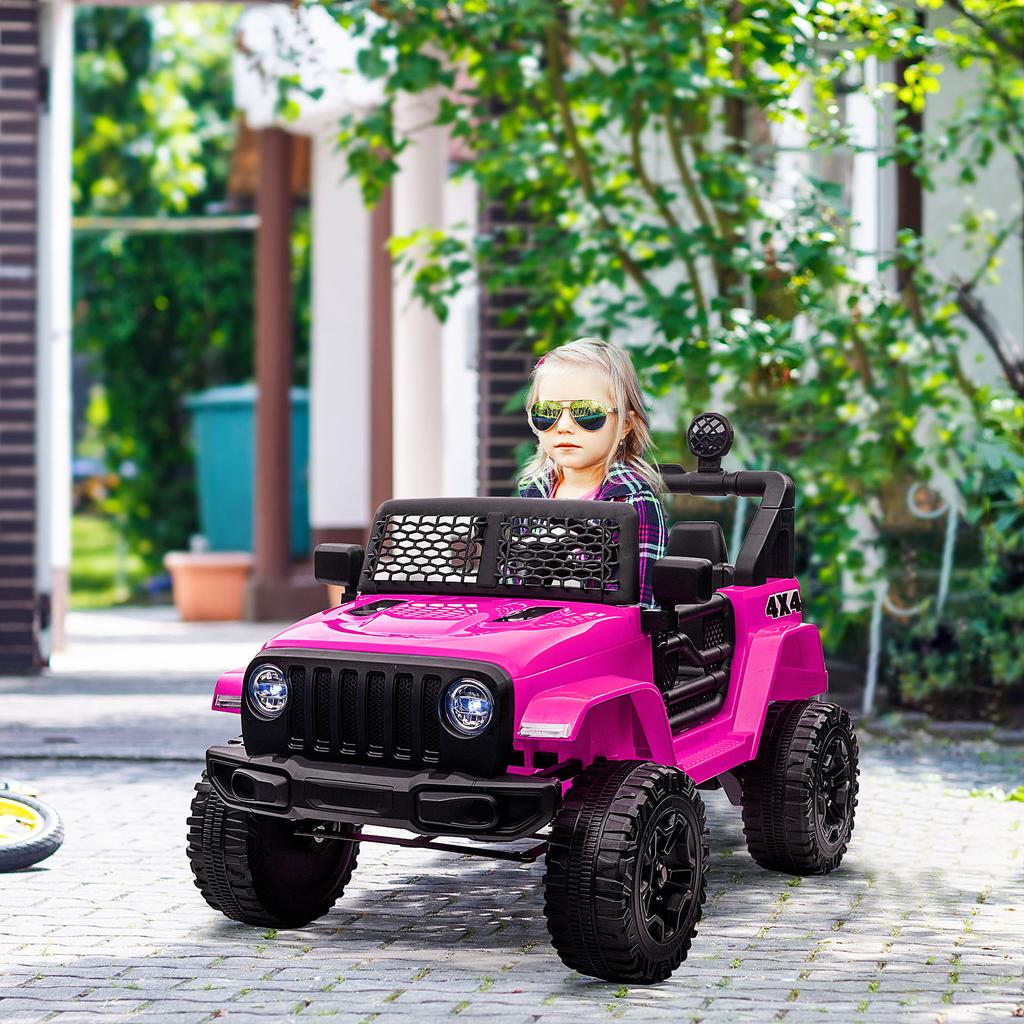Kids Electric Ride On Car 12V Off Road Toy with Parental Remote Control 2 Motors Horn Lights Suspension Wheels for 3-6 Years Old Pink