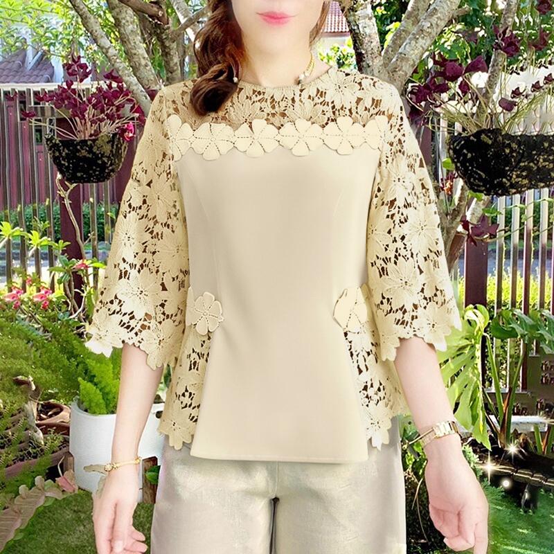 

ZANZEA Женская повседневная блузка с круглым вырезом, рукавами 3/4, свободного кроя, пэчворк, кружевная вязка крючком хаки