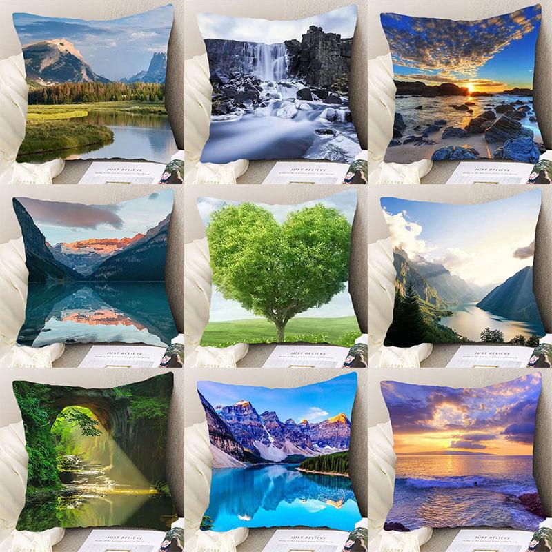 "Nature's Wonders Throw Pillow Covers - Mountain, Waterfall & Sunset Scenic Cushion Cases"