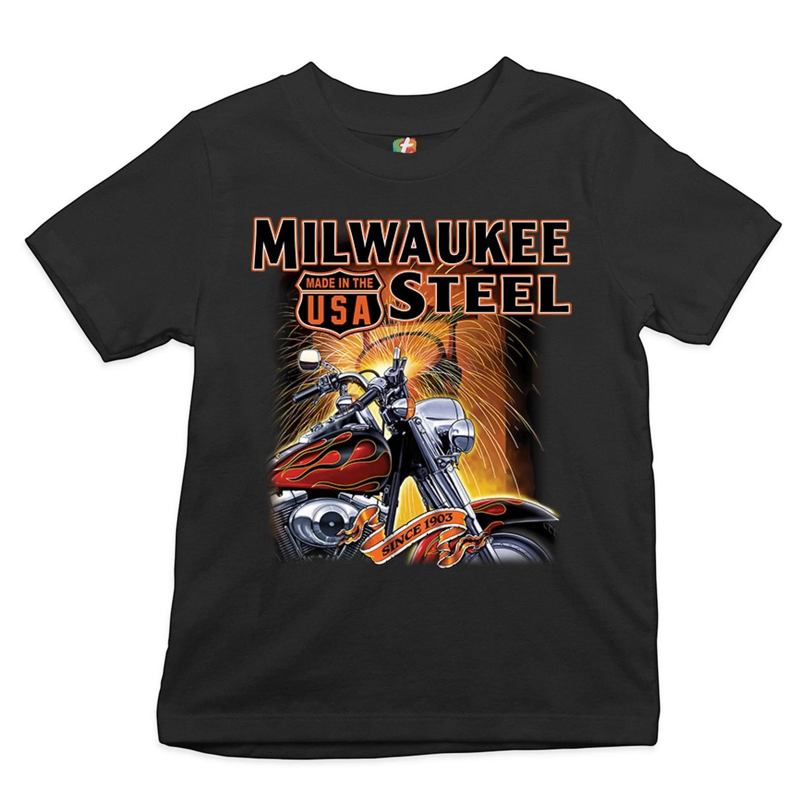 Milwaukee Steel Youth kids boys T-Shirt Route 66 Motorcycle Chopper Bobber Biker Kids 100