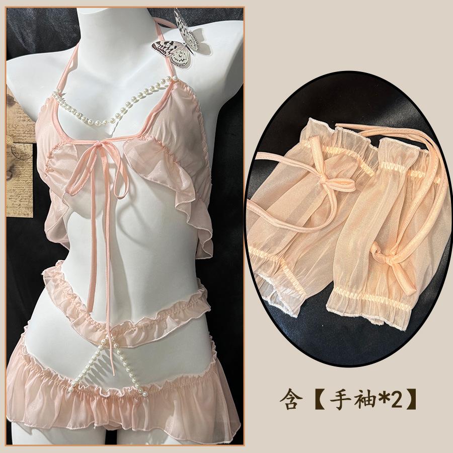 Sexy Underwear Sexy Breast Pearl Neck Three-point Lace Uniform Hip Perspective Cute Woman
