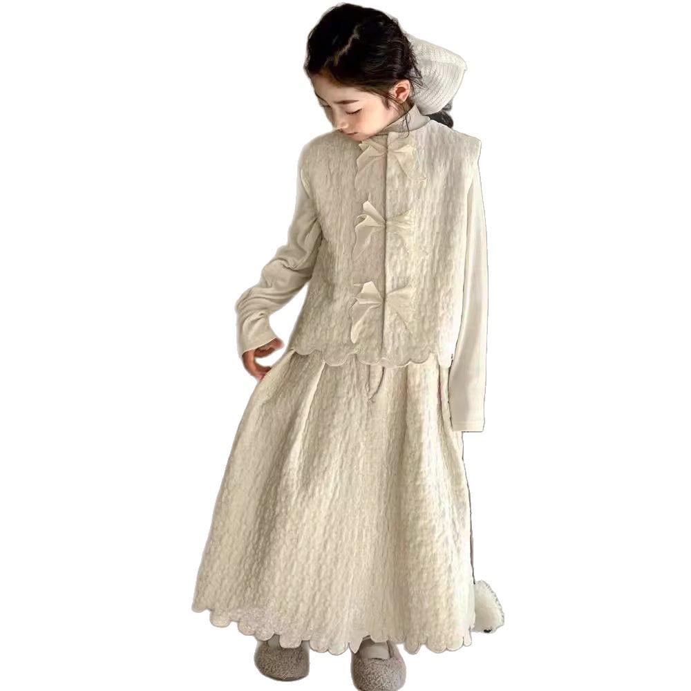 2025 Dívčí elegantní set v čínském stylu vesta a sukně - Třídílný jarní/podzimní outfit