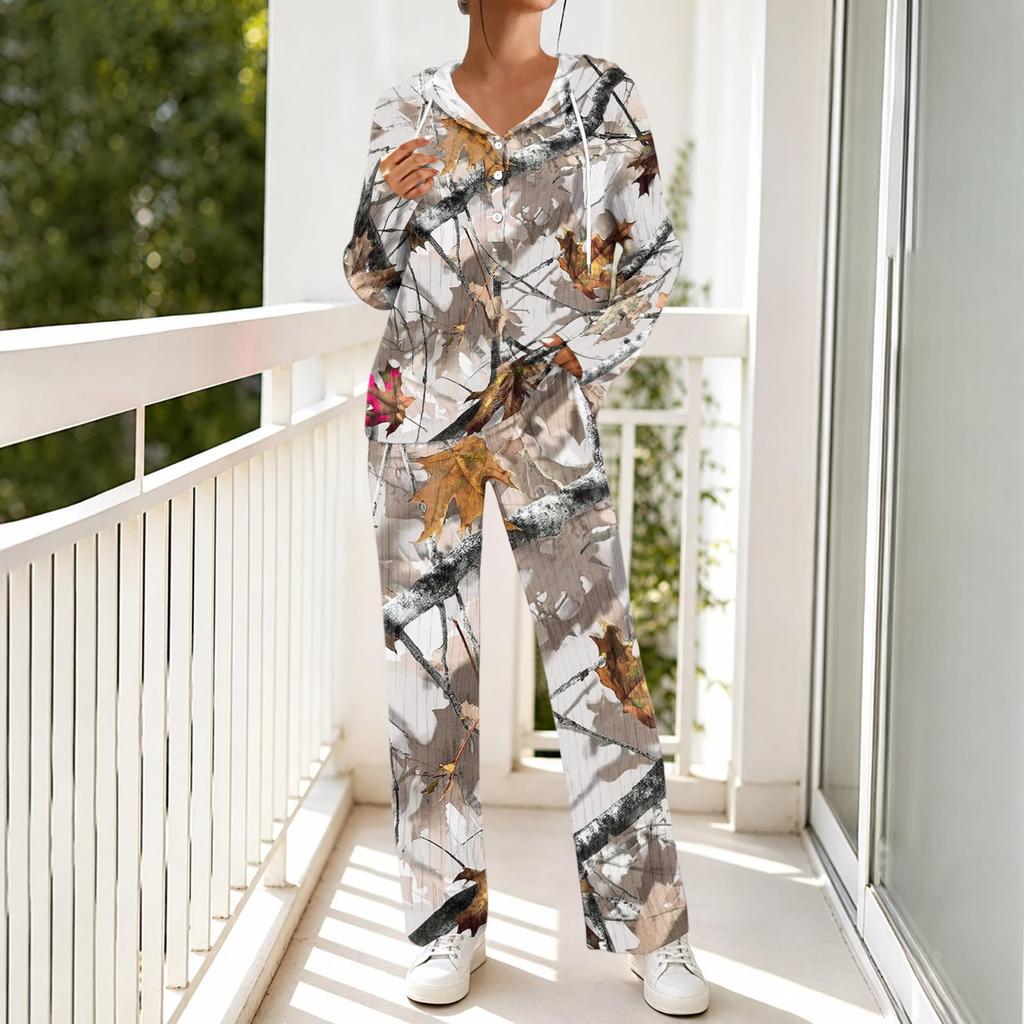 Women's V-Neck Print Long Sleeve Hooded Pajama Set with Pockets, Loose Fit Casual Wear