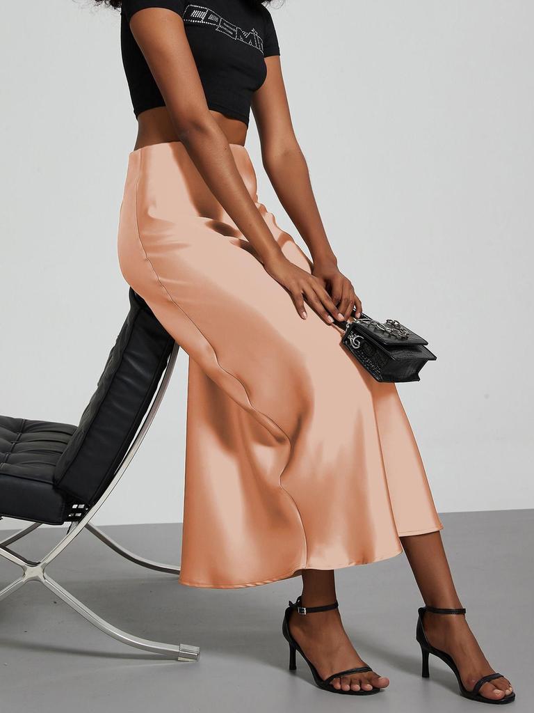 Women's Clothing Elegant Satin Midi Skirt Slim Fit High-Waisted Dress