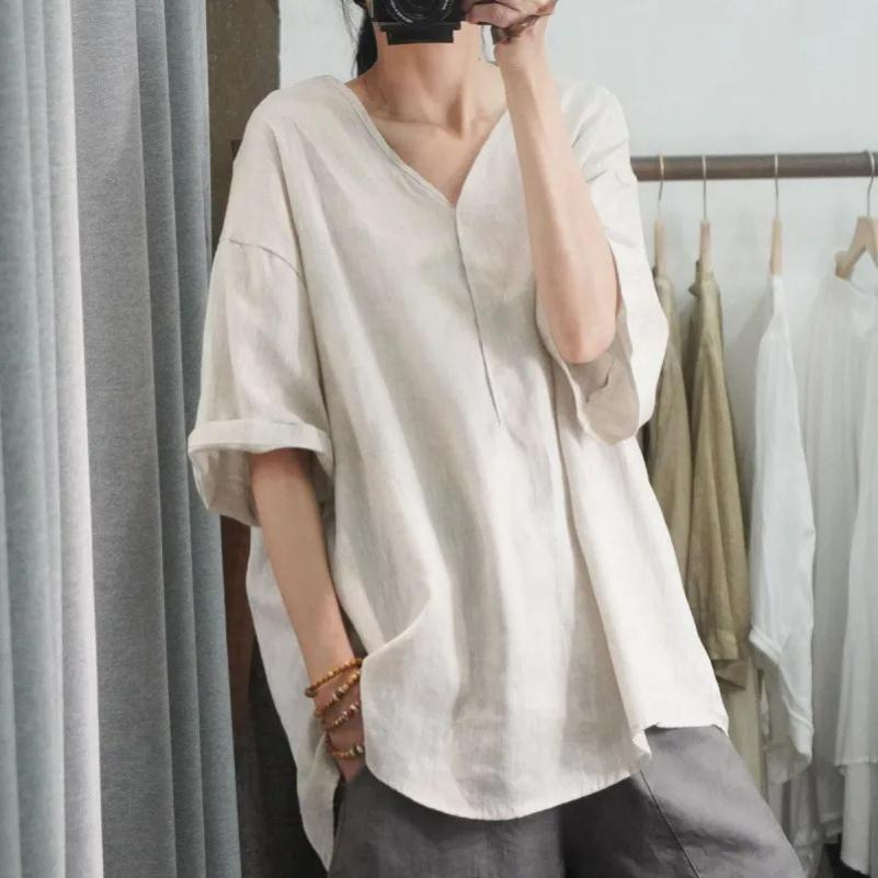 Summer Half-sleeved Casual Loose Large Size Covering Meat Comfortable V-neck Top Short-sleeved T-shirt Solid Color Women's Clothing