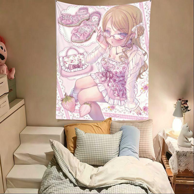 Purple Pink Anime Girl Tapestry Wall Hanging Glitch Pastel Goth Aesthetic Wall Art Dorm Bedroom Living Room Decor