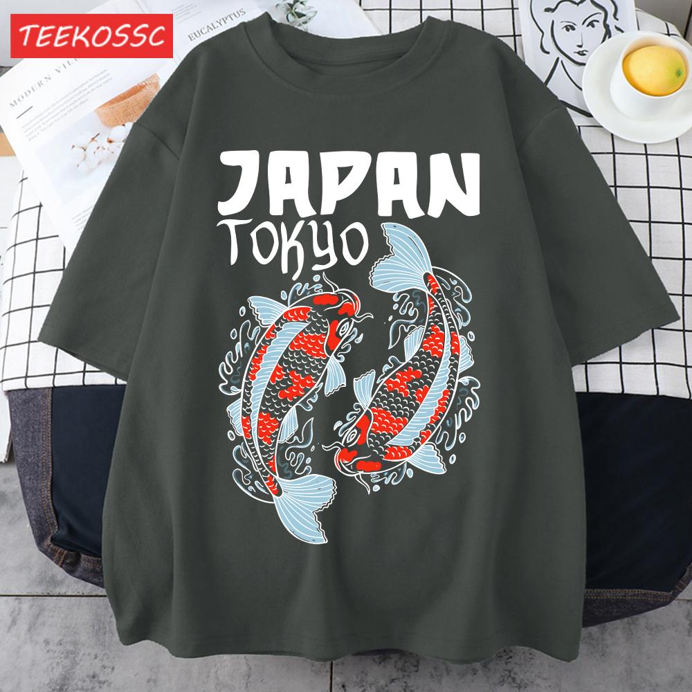 Harajuku Japan Tokyo Koi Print Man TShirt Summer New Loose Short Sleeve ONeck Cotton T Shirts Trendy Unisex AllMatch Clothes