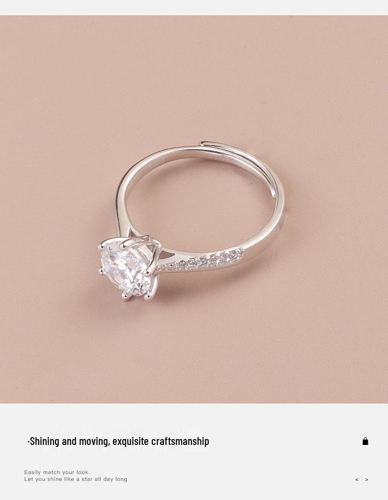 S925 Sterling Silver Adjustable Six-Prong Diamond Simulated Ring for Women - Elegant, Light Luxury Proposal Jewelry