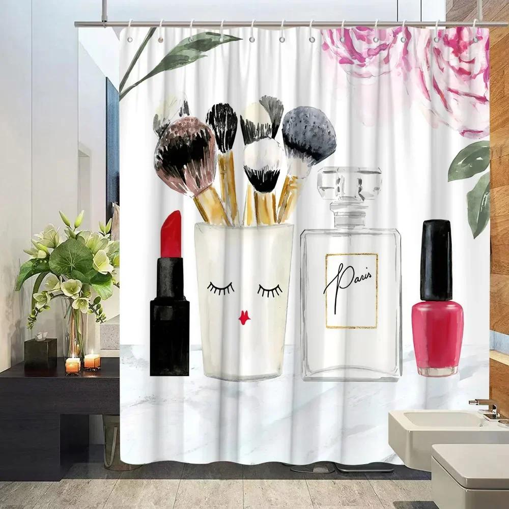 Cosmetic Perfume and Floral Shower Curtain and Rug Bathroom Set Flowers Heels Lipstick Home Cloth Hanging Curtain Bathroom Decor