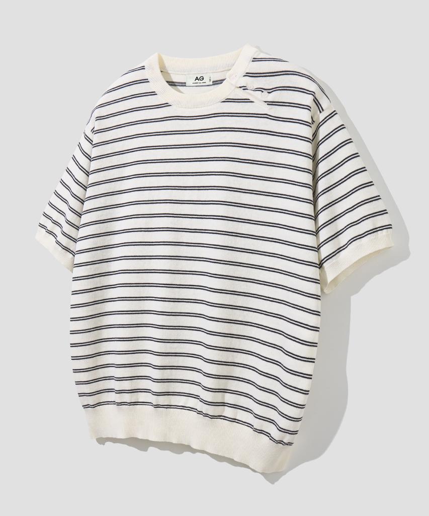 AGOD Side Button Henley Neck Striped Half Knit [Ivory]