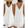 A-line Summer Casual Skirt Embroidery Solid White Dress Fashion V-Neck Lace Dress  Spring Summer