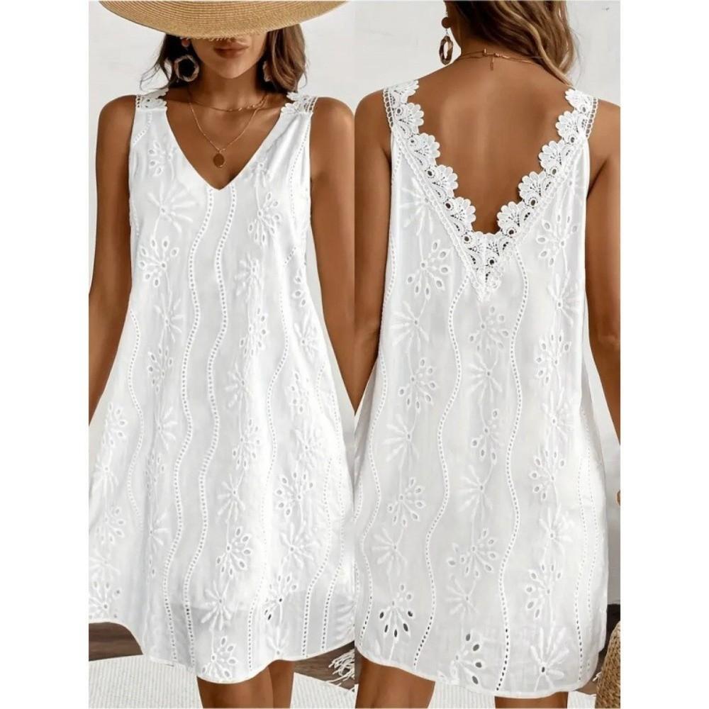 A-line Summer Casual Skirt Embroidery Mid Dress Fashion V-Neck Lace Dress  Beach Vacation