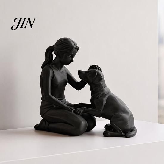 Jedinečná ručně vyráběná památka na mazlíčka 3D tištěná figurka dívky se psem, minimalistická dřepící socha pro domácí dekoraci, emoční dárek soustrasti, léčení