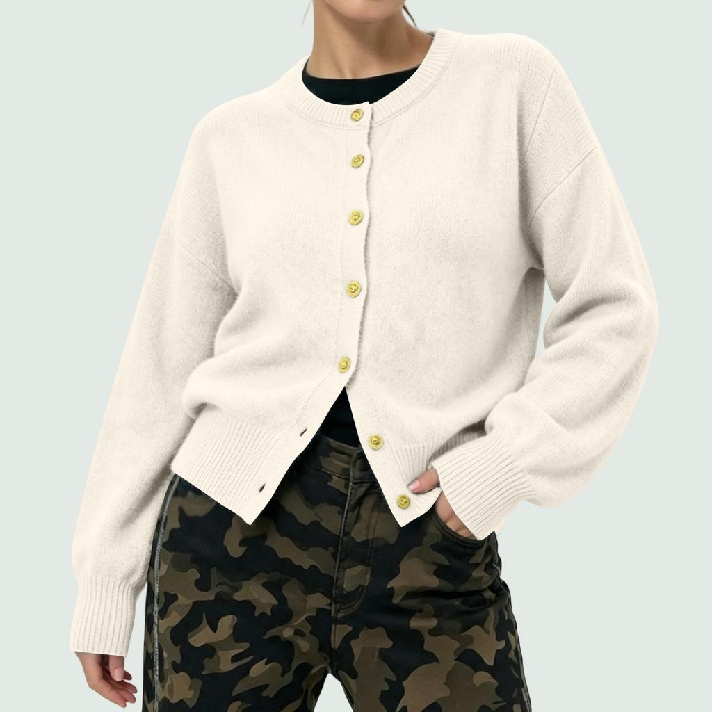 Women's Color Single Breasted Long Sleeve Round Neck Casual Knit Cardigan