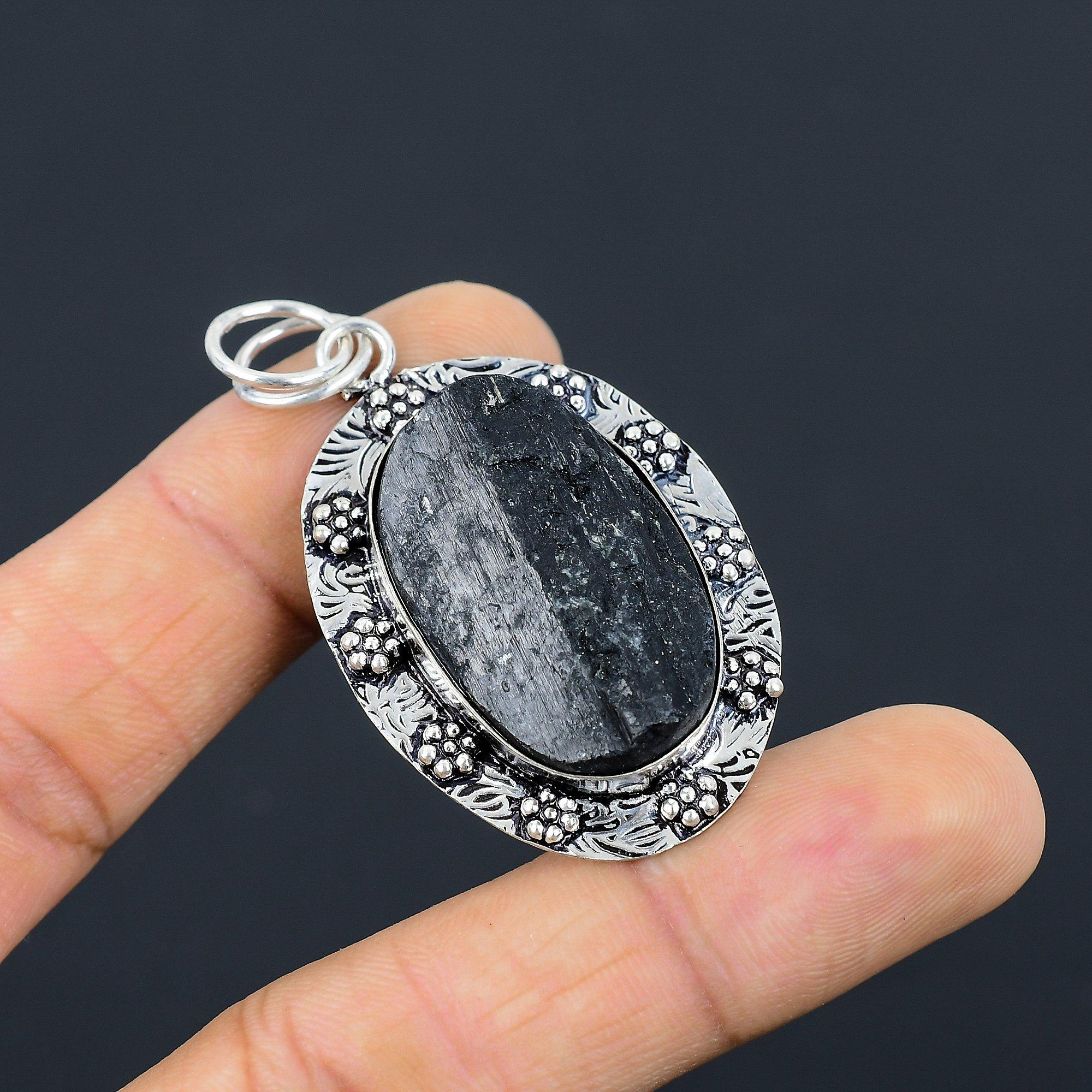 

Womens day Sale Black Tourmaline Rough Stone Sterling Silver New Pendant Jewelry