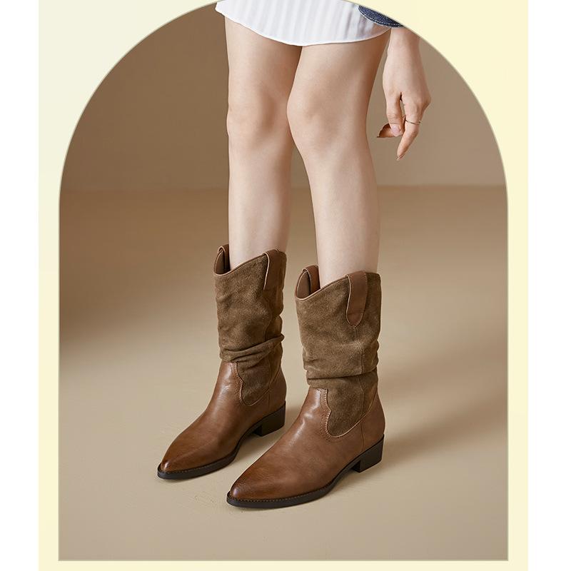 Cowhide brown western cowboy boots women's autumn and winter new pointed middle tube Maillard knight pile thick heel Martin boots