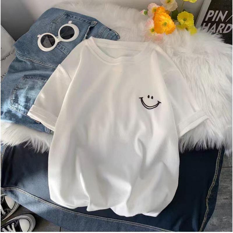 Smiling Face Print White T-shirt Summer 2025 New 100% Cotton Short Sleeve Tee Loose Casual Y2k Top Clothing