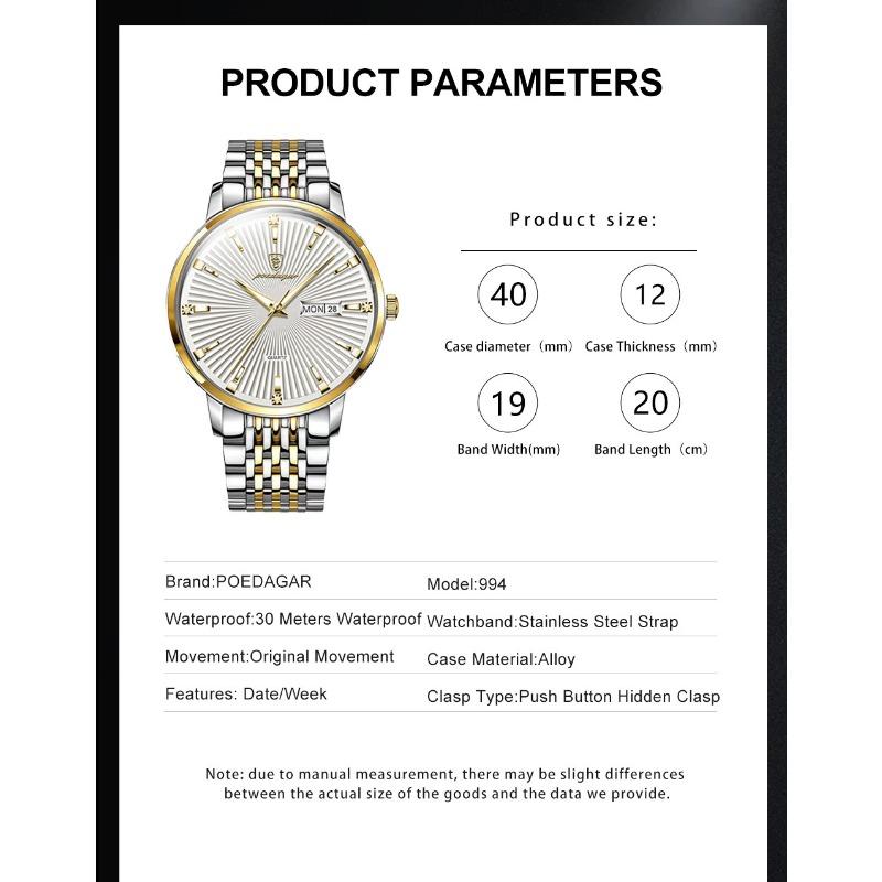 POEDAGAR Fashion Business Men's Watches Waterproof Luminous Date&Week Stainless Steel Watch Quartz Exquisite Male Wristwatch