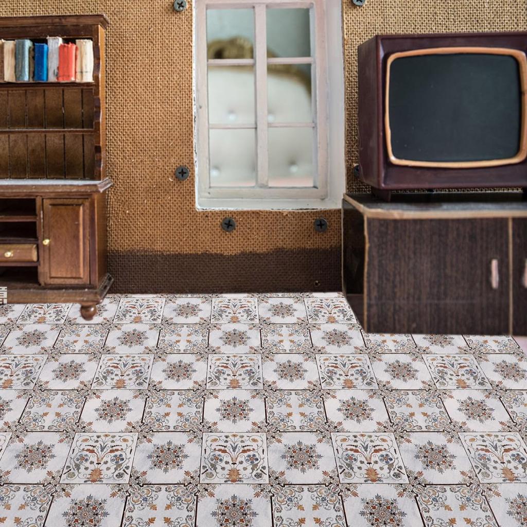 VICASKY Miniature Dollhouse Floor Scale Retro Floral Design Floor Dollhouse 16x12 Model Decor Tiles, 1/12 Mats, Accessories, Inches, Vintage-Style