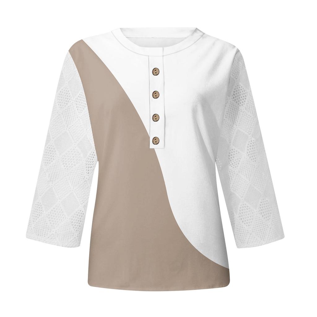 Women V Neck 3/4 Sleeve Shirts Print Lace Casual Blouse Loose Work Tunic Tops